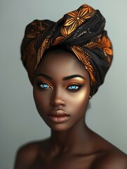 Sticker - Beautiful african woman with turban and blue eyes. Generative AI.