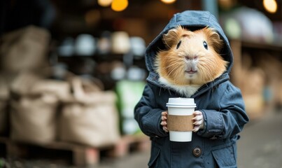 Poster - A guinea pig in a hoodie holding a coffee. Blurred background. Generative AI.