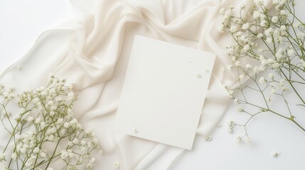 Blank square card with a white gypsophila flowers decor and white fabric on a white background for wedding invitation card. Top view 3D flat greeting card birthday mockup