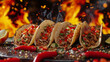A feast for the senses crunchy tacos filled with sizzling meat and topped with a fiery array of peppers and es set against a backdrop of blazing flames. Are you brave enough