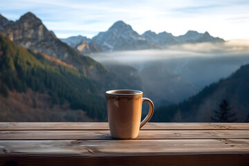 Cup of Coffee n a Mountain Table, Coffee Mug on a table