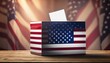 Election day image featuring a ballot box on a table, with a USA flag blurred in the background