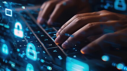 computer programmer, hacker printing code on laptop keyboard, secret organization system.