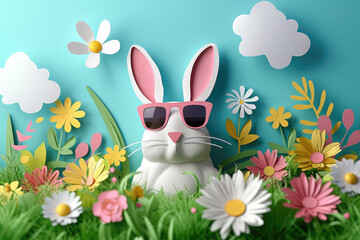 Wall Mural - Enter the enchanting world of rabbits, where these adorable creatures hop and play amidst the lush green grass of springtime meadows