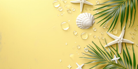 Sticker - Top view empty design with palm leaf and starfish on yellow background, Flat lay minimal summer holiday vacation concept