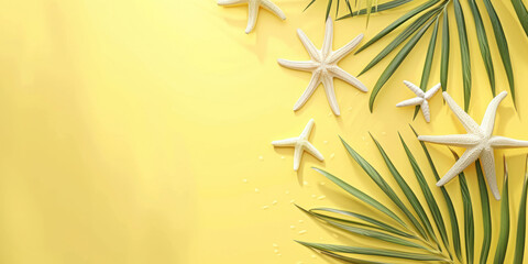 Sticker - Top view empty design with palm leaf and starfish on yellow background, Flat lay minimal summer holiday vacation concept