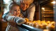 A grandparent and grandchild wearing oven mitts safely taking a warm batch of muffins out of the oven.