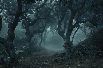 Wall Mural - Creepy forest with fog and an ominous atmosphere for a halloween theme
