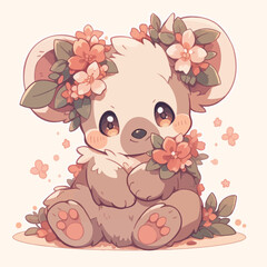 Wall Mural - Cute koala sitting on the leaves. Vector cartoon illustration.