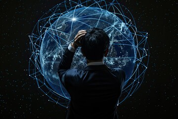 Canvas Print -  a businessman thinking with putting the hand on head isolated on black globe network, back view