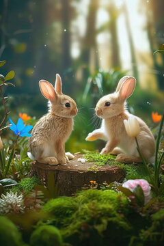 Enter the enchanting world of rabbits, where these adorable creatures hop and play amidst the lush green grass of springtime meadows