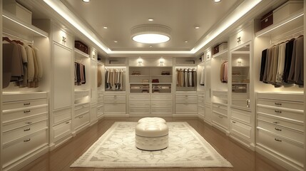 Sticker - Walk-In Closet with Panel cabinets. Large room. U-Shaped closet. Spotlights in the closet. Generative AI.