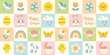 Easter design template, seamless pattern for packaging, greeting card, flyer, poster, paper bag. Cute cartoon Easter characters on pastel colourful checkered background. 