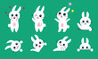  Character design of cute cartoon white bunny in flat style. Peeking rabbits in different poses and in the hole with various emotions. 