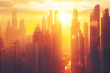 Warm golden sunrise over modern city skyline with towering skyscrapers, possibly suited for business concepts or urban development themes, with space for text
