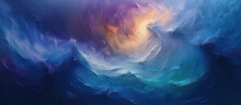 An Abstract  Colorful Illustration, Painting Art In Which Blue, Yellow And Purple Paints Mix, Blending Together Like A Swirl Resembling A Cosmos, Ocean, Sea, Sunset, Sunrise, Universe