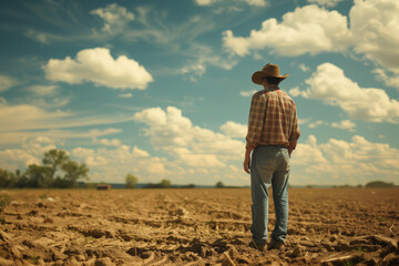 Back view of a contemplative male farmer wearing a hat and looking at the dry field under a vast sky, depicting agricultural challenges and rural life, with copyspace for text