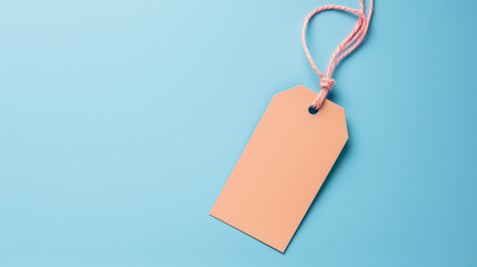 Blank brown cardboard tag, paper tag on blue background. Price tag template mockup, sale banner with copy space for text