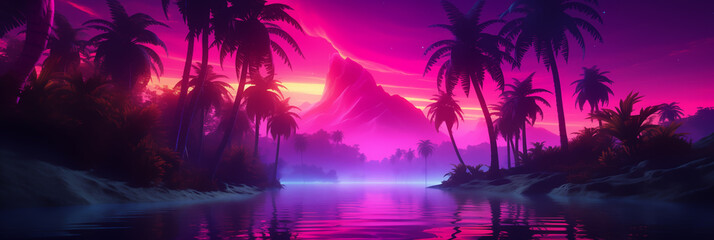 Wall Mural - Sunset on the beach with neon color style look, Illustration.