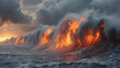 Closeup of lava flow meeting the cool ocean water creating billowing clouds of steam.