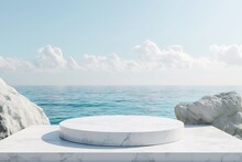 White Stone Product Podium And White Base With Sea View Background, For Product Display Presentation