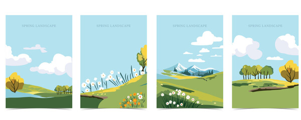 Wall Mural - spring landscape background with mountain and tree editable vector illustration for postcard,a4 vert