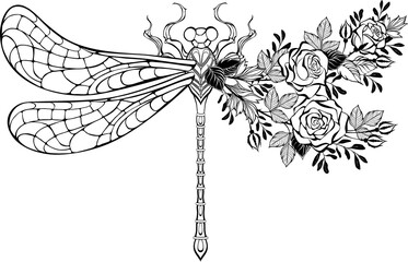 Wall Mural - Flower dragonfly with contour rose