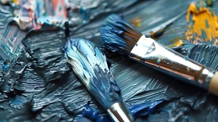 Closeup of brush and palette.artists brushes and oil paints on wooden palette. Vintage stylized photo of paintbrushes closeup and artist palette.