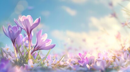 Wall Mural - Natural autumn background with delicate lilac crocus flowers on blue sky banner