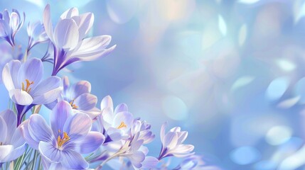 Wall Mural - Natural autumn background with delicate lilac crocus flowers on blue sky banner