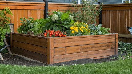 A compact raised garden bed made from recycled materials bursting with a variety of fruits and vegetables tucked in a corner of a small backyard.