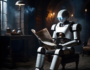 Wall Mural - A robot, made of composite material and metal parts, is sitting in a chair reading a newspaper. It is a fixture in the darkness, like a science fiction character in a unique engineering event