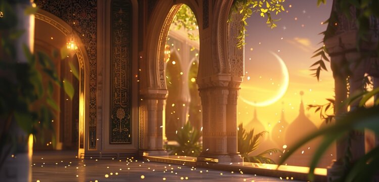A visually stunning Eid Mubarak scene, featuring an elegant blend of traditional Islamic motifs, a crescent moon, and stars, creating a picturesque background with HD clarity