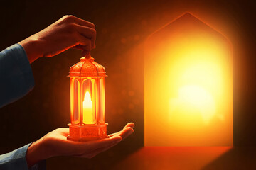 Poster - Hands of young asian muslim man holding shiny arabic lantern in the mosque door arch at beautiful sunset