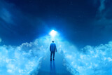 Fototapeta Sport - Back view of young arab man with beard on top, walking forward into shiny light alone over the cloud at beautiful blue night sky with stars