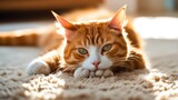 Fototapeta  - A ginger cat stretching lazily on a plush carpet, its wide eyes blinking sleepily in the afternoon sunlight.