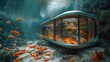 © MMerellinn - Submerged serenity: mesmerizing underwater house room reveals aquatic wonders through panoramic aquarium windows, a tranquil retreat in the heart of the deep blue