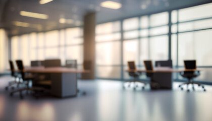 Beautiful blurred background of a light modern office interior with panoramic windows and beautiful lighting.