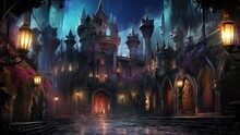 Castle Courtyard At Night With Medieval Torch. Fantasy Background. Cartoon Anime Illustration Style. Seamless Looping Overlay 4k Virtual Video Animation Background 