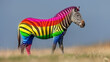Rainbow-colored zebra in the field