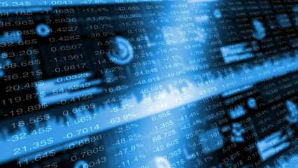 Blue glowing blurred business infographic with economy data animation.