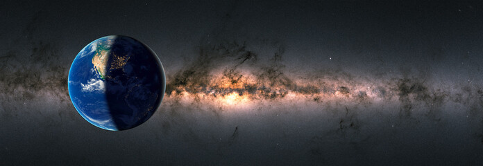 Fototapete - Day and night on Planet Earth milky way galaxy in the background. Elements of this image furnished by NASA
