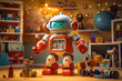 Adorable robot toy with movable parts, set against a backdrop of a child's creative play space