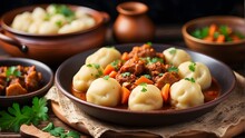 A Mouth-watering Close-up Of Homemade Traditional Polish Potato Dumplings, Kopytka, Served On A Rustic Wooden Plate, Surrounded By A Rich And Hearty Meat Stew. The Horizontal Composition Captures Ever