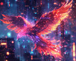 A neon phoenix rising from digital ashes in a cybernetic rebirth illuminating the night sky