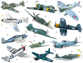 All American 13 types of world war 2 single engine propeller war fighter vector illustrations 