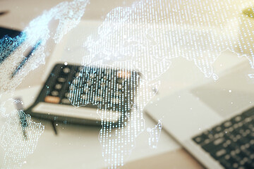 Wall Mural - multi exposure of abstract graphic world map hologram on calculator and pc background, connection an