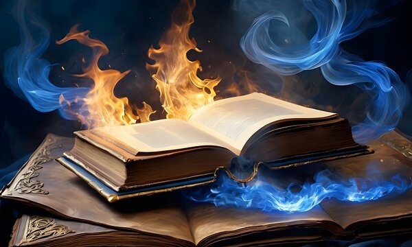 An electric blue book turned art with flames symbolizing automotive design, but water can douse the flames. Watch out for the vehicle door
