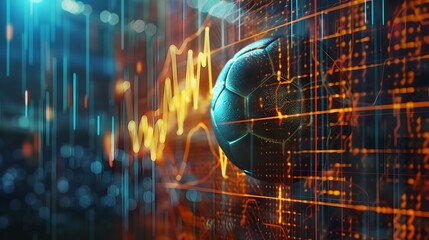 Wall Mural - Futuristic soccer ball with digital data stream. sports technology concept in dynamic composition. glowing lines and cyber visuals. AI