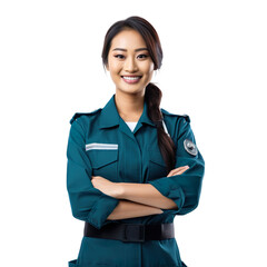 Wall Mural - Front view mid body shot of an extremely beautiful Asian female model dressed as a Paramedic smiling with arms folded, isolated on a white background